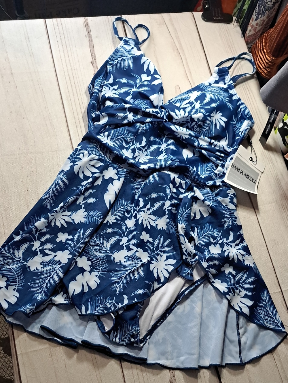 Hanna Nikole Navy & White Floral One-Piece Swim Dress Size Large